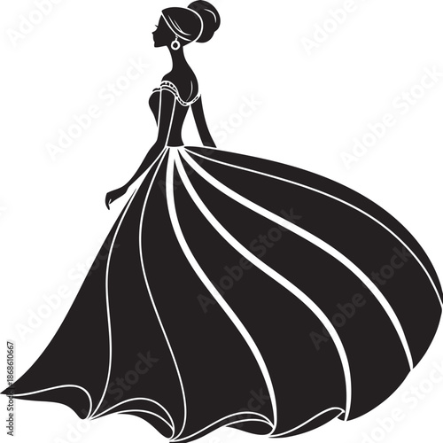 Elegant woman in a flowing gown a striking black and white silhouette