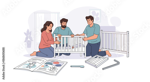 Two friends helping an expectant couple assemble a new baby crib, following the instruction manual together in preparation for the baby's arrival.
