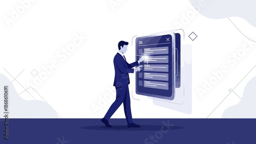 Businessman interacting with digital interface, selecting options from a list on screen