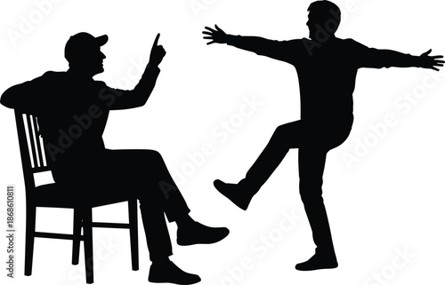 Silhouette of senior man sitting in chair talking to young man balancing on one leg, physical therapy and family mentorship vector illustration.