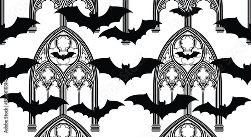 Spooky and elegant seamless Halloween pattern featuring black bat silhouettes flying around ornate gothic cathedral windows on a white background.