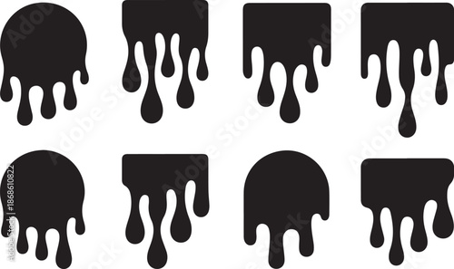 Black dripping oil stain, liquid drips or paint current vector ink silhouettes isolated