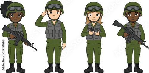Military soldiers characters set wearing uniforms and helmets with weapons cartoon army vector illustration
