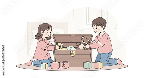 Responsible brother and sister working together to clean up their playroom, neatly putting their teddy bears and toys into a wooden chest.