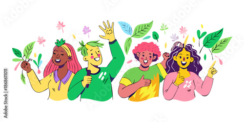 A group of diverse environmental activists in a playful hand-drawn doodle style. Incorporating leaf motifs and green color palettes mixed with bright pinks and yellows. Enthusiastic expressions, messy