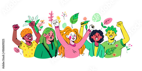A group of diverse environmental activists in a playful hand-drawn doodle style. Incorporating leaf motifs and green color palettes mixed with bright pinks and yellows. Enthusiastic expressions, messy