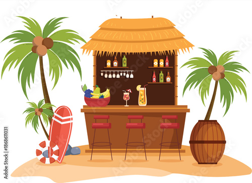 beach bar with palm trees and surfboard on sand