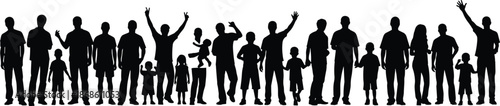 Silhouette, diverse people, family, children, adults, unity, inclusion, standing together, holding hands, waving, black figures, social interaction, diversity, group, posture, relationships, 