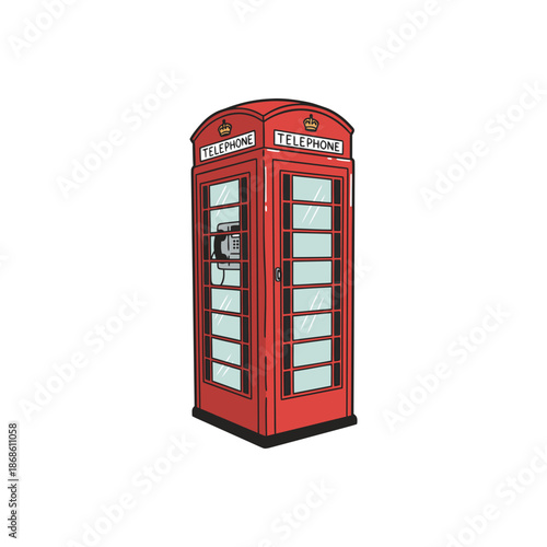 Classic red British telephone booth standing alone