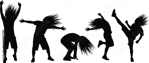Silhouetted dance poses, energetic movement, black figures, white background, expressive gestures, dynamic rhythm, vector illustration, fitness activity, choreography concept, motion art