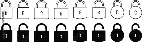 Open and closed lock icons multiple style collection, close padlock, key with lock icon, Editable stroke vector illustration.