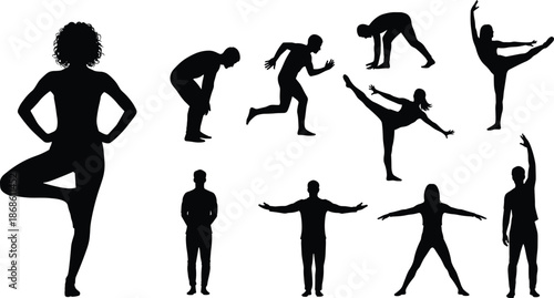 Silhouetted people in motion, yoga, dance, running, balance, expressive poses, black figures, white background, fitness activity, vector illustration, posture diversity