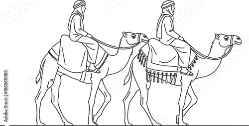 Two men riding camels in desert landscape with traditional attire and headgear