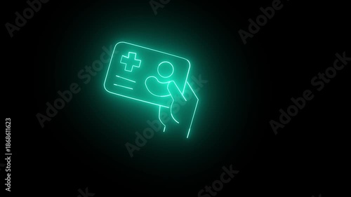 A projects a glowing blue health security insurance card with medical icons above the screen. healthcare access.