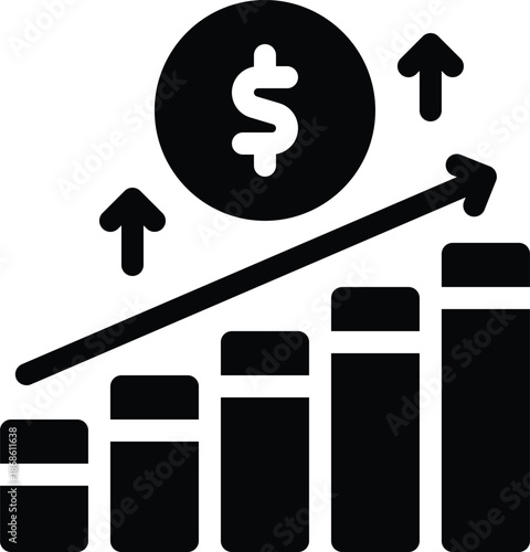 black and white graph with dollar sign and arrows showing growth