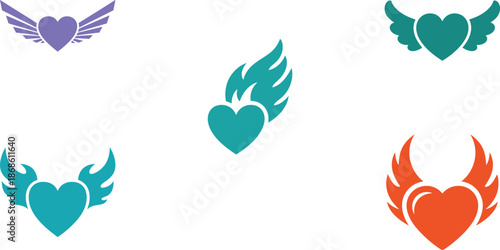 Colorful heart icons set with wings