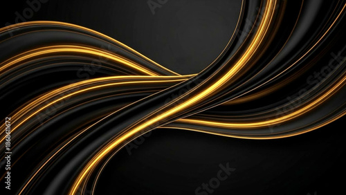 Abstract black and gold wavy lines intertwining in a dynamic motion, creating a modern and sleek visual effect from a frontal viewpoint