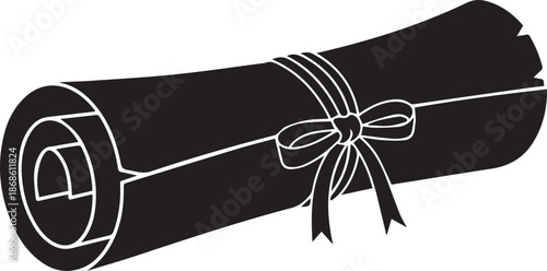 Black silhouette of a rolled diploma tied with a ribbon