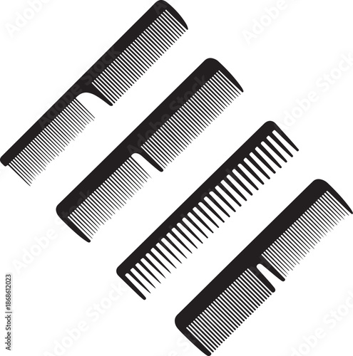 Combs graphic icons set. Different combs for hair black signs isolated on white background. Barbershop symbols. Vector illustration