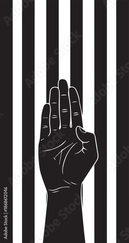 Black fist raised behind prison bars symbolizing incarceration and protest