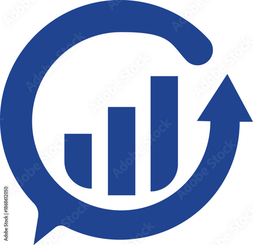 Blue graph icon with arrow in speech bubble  business statistics concept