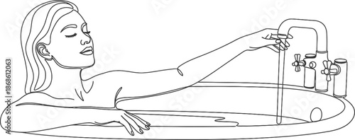 Woman relaxing in bathtub with running water from faucet in serene bathroom scene