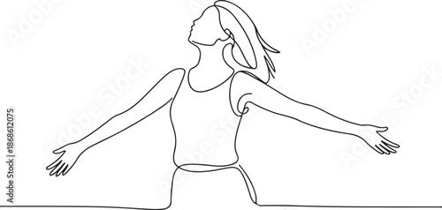 Continuous line art or One Line Drawing of a woman stretching arms is relaxing picture vector illustration