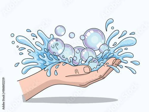 Cartoon hand cupping splashing water and soap bubbles