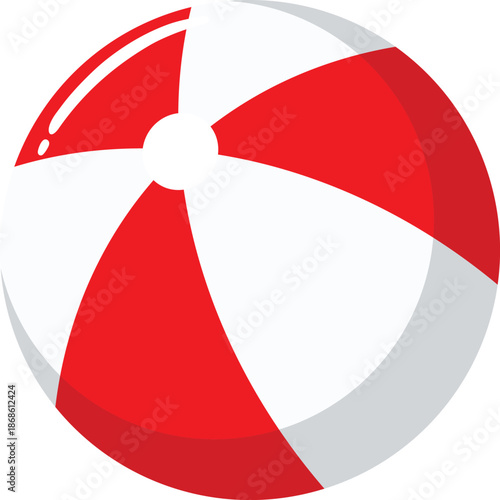 Bright red and white striped beach ball on white background