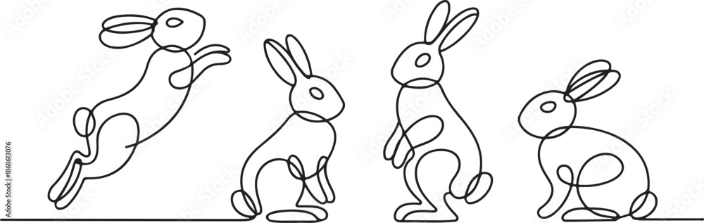 Obraz premium Easter bunny set in simple one line style. Rabbit icon. Black and white minimal concept vector illustration