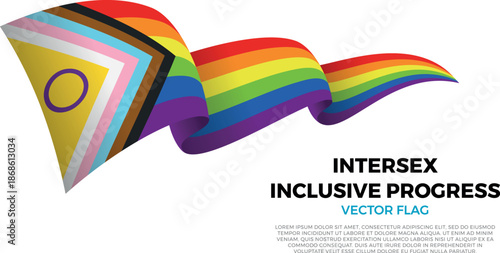 Flag of the Intersex Inclusive Progress community, pride flag part of the LGBTQ community. Shining flag with realistic shadows waving in three layers. The curves and shading create a sense of motion