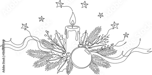 Beautiful christmas decoration with candle and ornament surrounded by stars and ribbons
