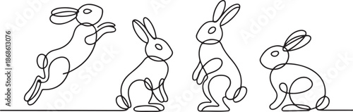 Easter bunny set in simple one line style. Rabbit icon. Black and white minimal concept vector illustration