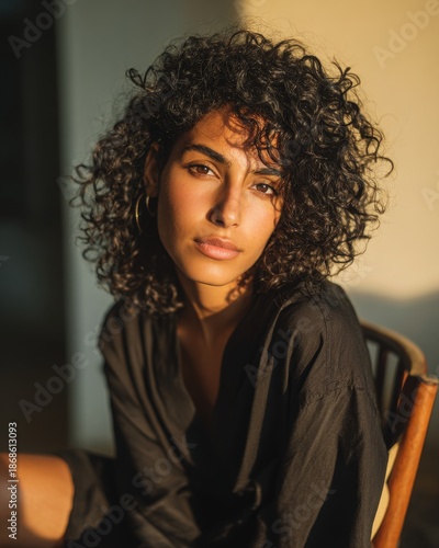 a woman with curly black hair is sitting on the chair and looking into the camera