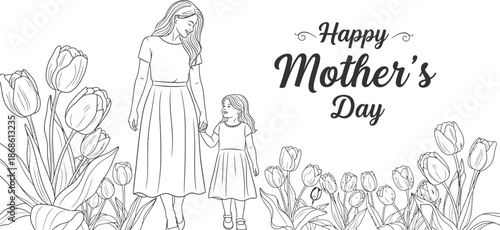 Happy mother's day illustration of mother and daughter walking together among tulips