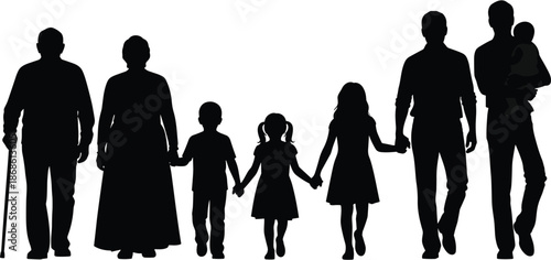 Family generations, silhouette illustration, black vector, holding hands, unity concept, age diversity, baby to elderly, emotional bond, lifestyle sketch, 
