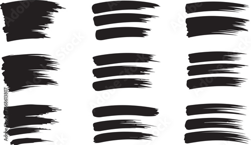 Ink splatter set, paint brush stroke kit, vector black grunge stain, graffiti texture liquid splash. Abstract dirty blob, messy shape drawing collection isolated on white. Ink splatter print element