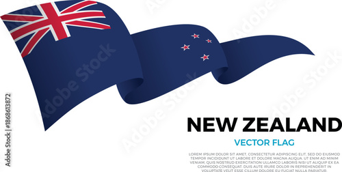 Flag of New Zealand. New Zealander and Austral Culture. Shining flag with realistic shadows waving in three layers. The elegant curves and realistic shading create a sense of motion