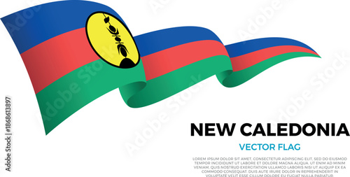 Flag of New Caledonia. New Caledonian and Austral Culture. Shining flag with realistic shadows waving in three layers. The elegant curves and realistic shading create a sense of motion