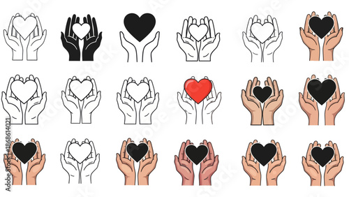Hands holding heart vector icons set. Love and care symbols.