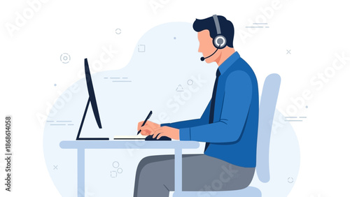 Customer service representative wearing headset working on computer at desk, business illustration