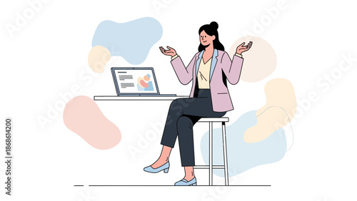 Businesswoman sitting at desk with laptop, confused expression and open hands gesture