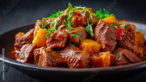 Savory beef stew with potatoes and herbs in a dark ceramic bowl.