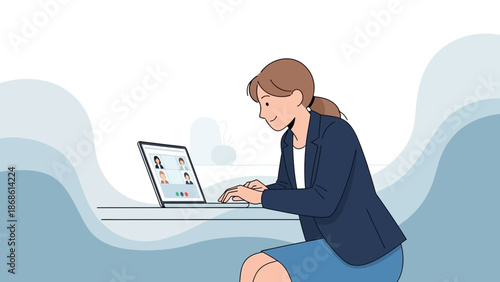Businesswoman video conferencing on laptop, remote teamwork, online meeting concept