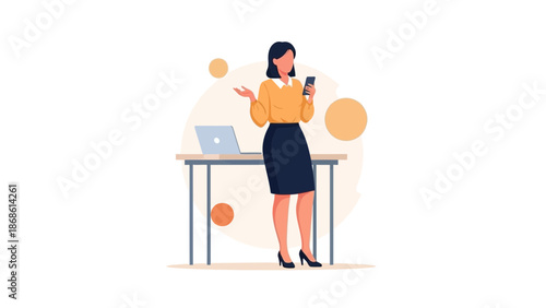 Businesswoman with Smartphone at Desk with Laptop - Modern Office Illustration
