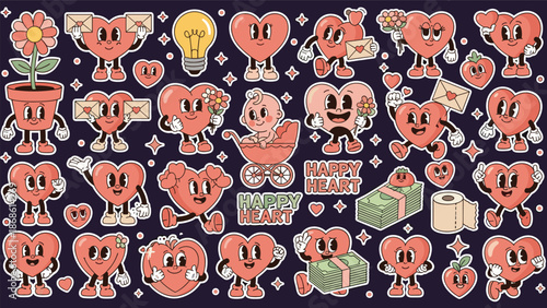 Large collection of retro heart characters in various poses expressing love and happiness through different activities.