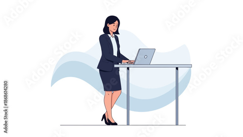 Businesswoman Working on Laptop at Standing Desk, Modern Office Illustration