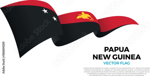 Flag of Papua New Guinea. Austral and Polynesian Culture. Shining flag with realistic shadows waving in three layers. The elegant curves and realistic shading create a sense of motion