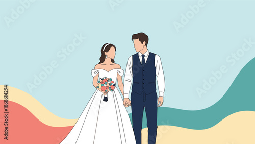 Minimalist illustration of a bride in a white gown and a groom in a navy suit holding hands against a wavy background.