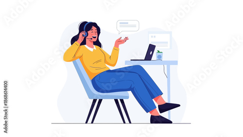 Customer service agent with headset and laptop, working at home or office